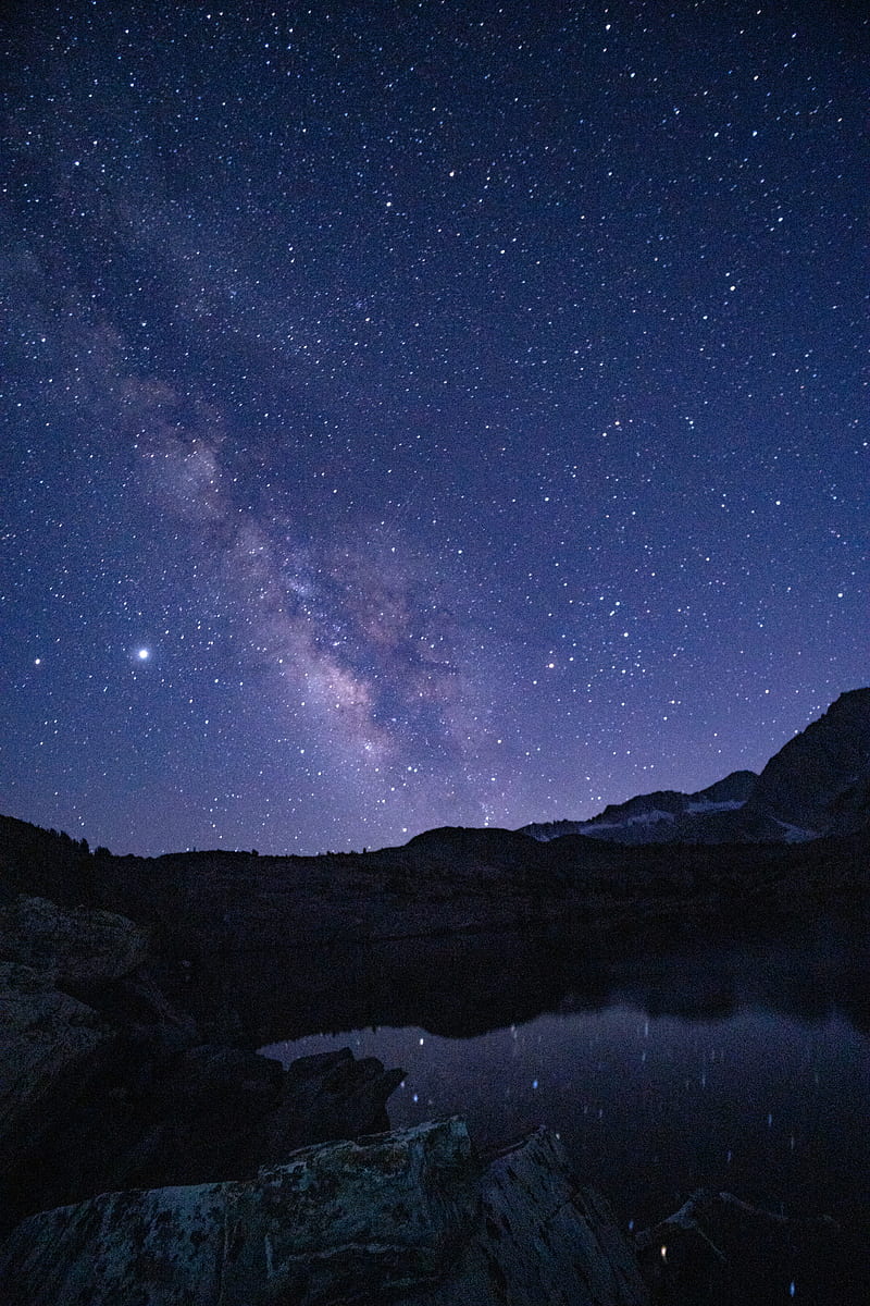 nebula, starry sky, night, rocks, lake, HD phone wallpaper