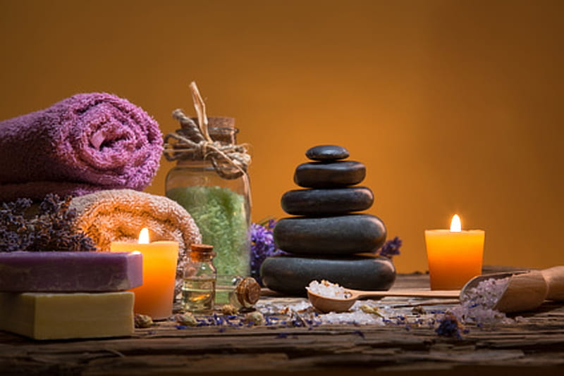 Spa background, table, stones, towel, candles, HD wallpaper