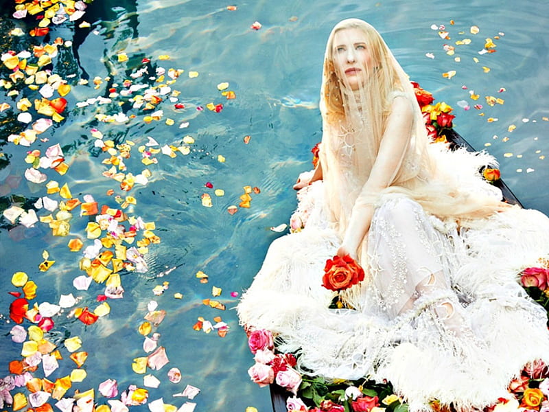 Cate Blanchett, veil, bride, woman, boat, water, actress, flower, petals, white, blue, HD wallpaper