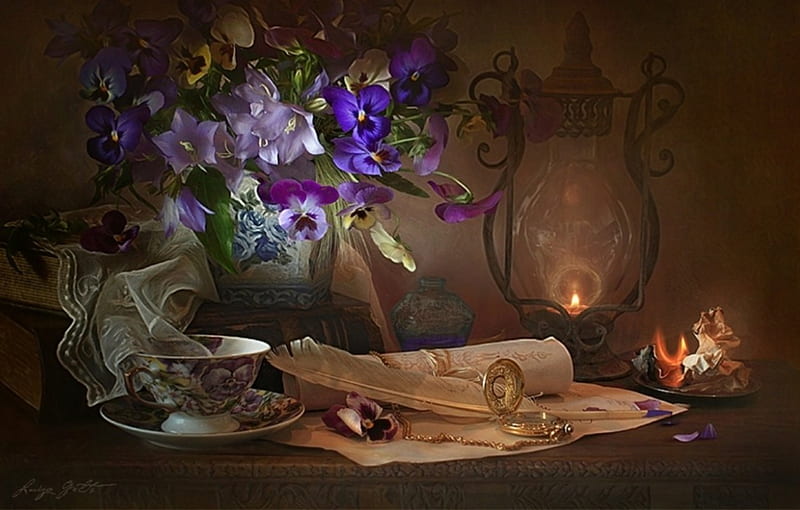 Old memories in the silence of the night, brown, background, old, sweetheart, still life, memory, person, love, pansies, flowers, light, night, candle, silence, colors, abstract, memories, missing, coffee, letters, dark, cup, HD wallpaper