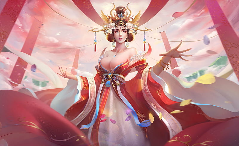 Empress, frumusete, fantasy, luminos, girl, yongxing lu, pink, wu zetian, red, queen, HD wallpaper