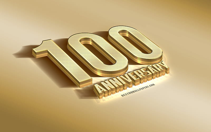100th Anniversary sign, golden 3d symbol, golden Anniversary background, 100th Anniversary, creative 3d art, 100 Years Anniversary, 3d Anniversary sign, HD wallpaper