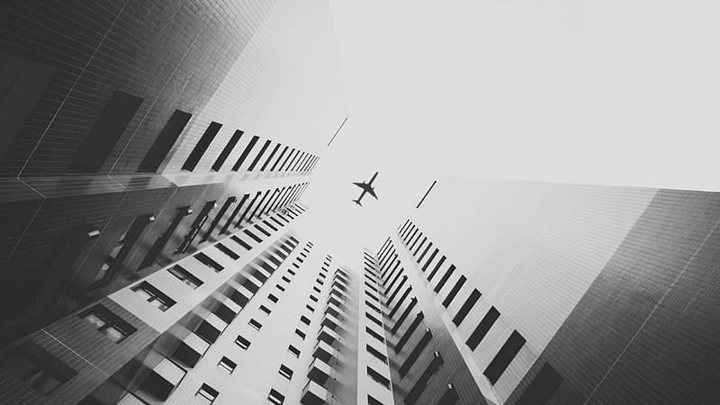 Airplane Flying Above Skyscrapers, airplane, planes, graphy, monochrome, black-and-white, HD wallpaper
