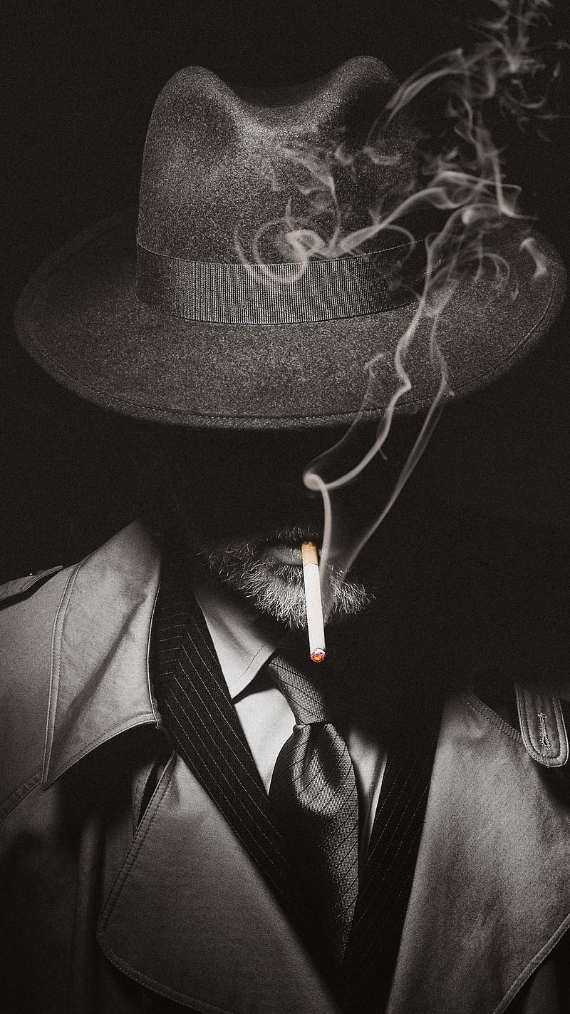 smoking detective, DARK, black and white, cigarette, fog, gloomy, grunge, hat, noir, retro, smoke, HD phone wallpaper