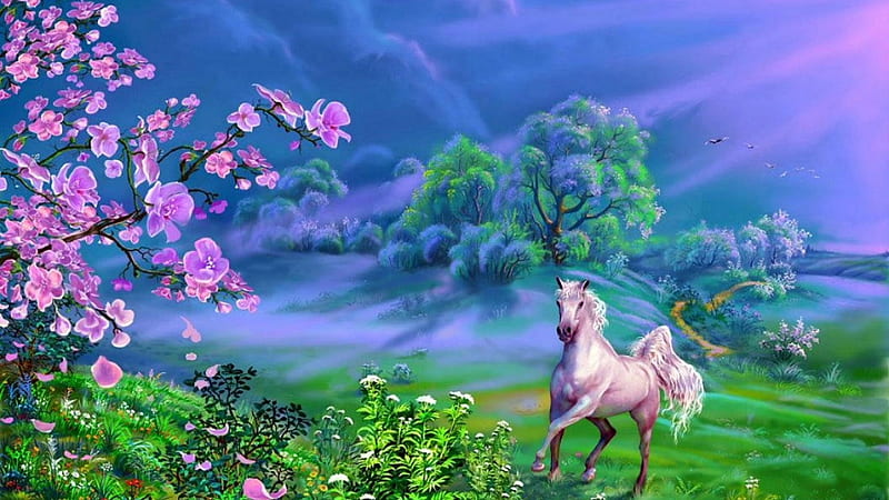 Wild spring, sakura, art, luminos, horse, animal, cal, blossom, fantasy, green, painting, white, pictura, pink, cherry, blue, HD wallpaper