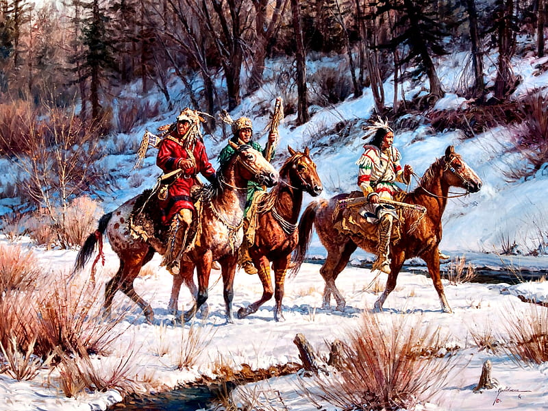 Native American Search Party , art, equine, bonito, illustration, artwork, horses, winter, snow, painting, wide screen, Native American, landscape, HD wallpaper