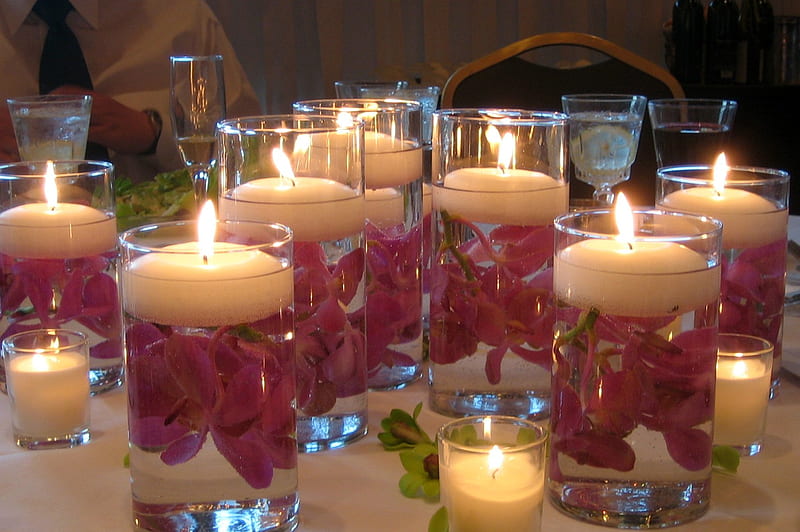 Floating candles, glass, fire, rose petals, water, tea lights, candles, light, HD wallpaper