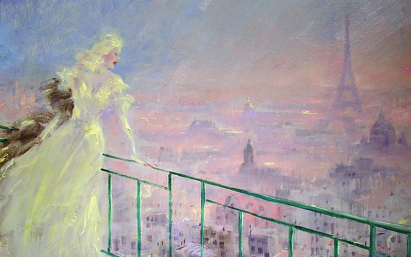 Paris, art, louis icart, girl, eiffel tower, painting, pink, terrace, HD wallpaper