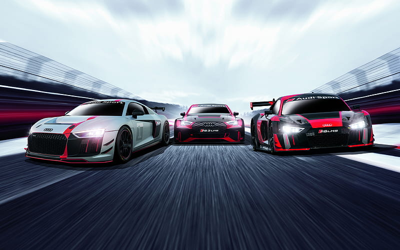 Audi Sport sportscars, Audi RS3 LMS, Audi RS5 LMS, Audi R8 LMS, 2018 cars, raceway, Pirelli World Challenge, HD wallpaper