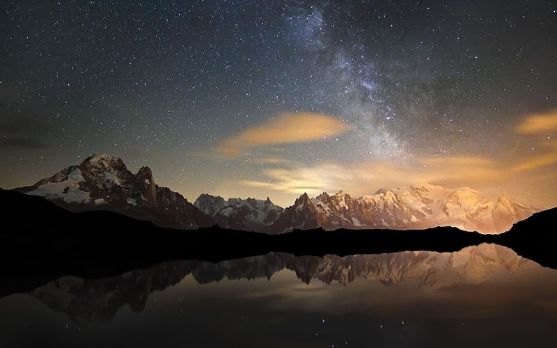 Milky Way over Mont Blanc and Lac Cheserys, French Alps, clouds, sky, rocks, mountains, reflections, HD wallpaper