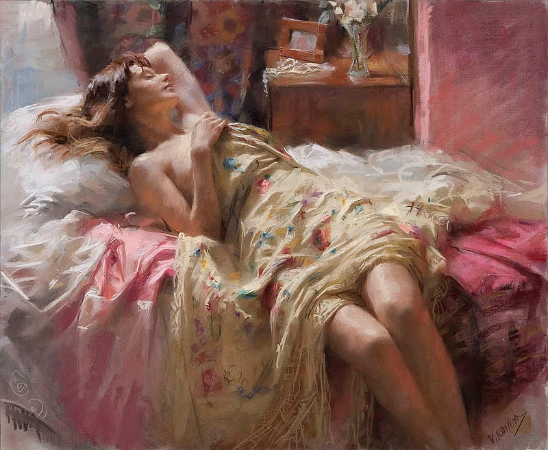 Sleeping beauty, art, sleep, girl, painting, vicente romero redondo, pink, woman, pictura, HD wallpaper