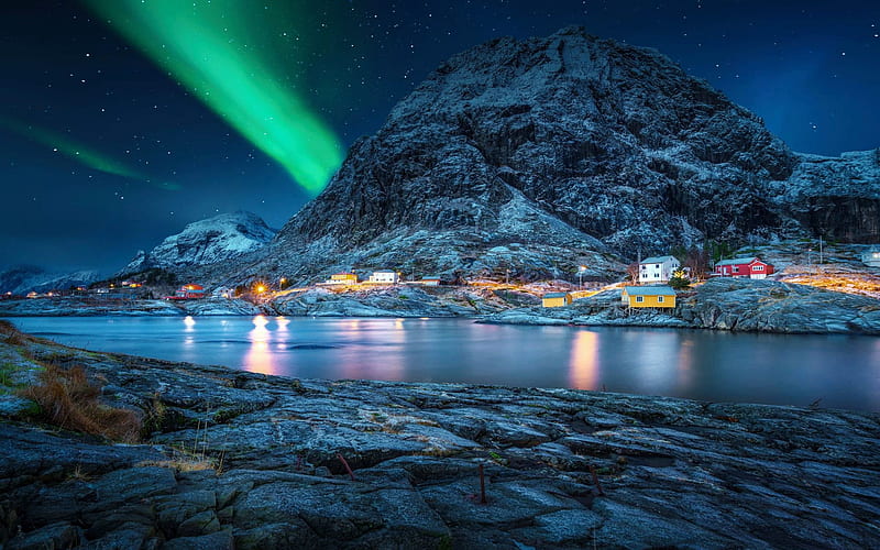 Lofoten Polar Night, polar light, sea, norway, mountain, houses, reflections, HD wallpaper
