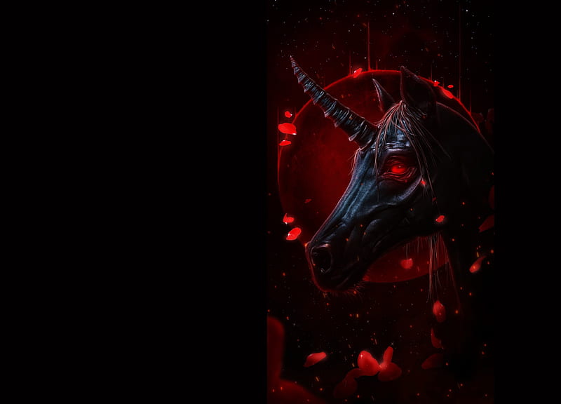 Dark unicorn, dark, red, fantasy, luminos, unicorn, black, brian dolan, HD wallpaper