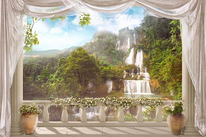 Waterfall, fantasy, green, window, luminos, white, ileeni, terrace, HD wallpaper