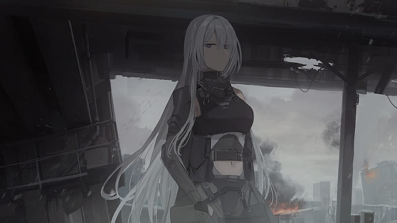 Girls Frontline Long Gray Hair AK15 With Background Of Broken Roof Smoke And Fire Games, HD wallpaper