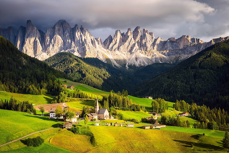 Italian Alps, village, sky, church, landscape, clouds, HD wallpaper