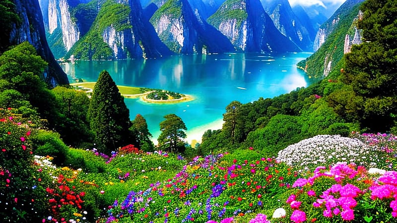 A fantastic, non-earthly world, flowers, trees, blossoms, digital, landscape, lake, art, rocks, HD wallpaper