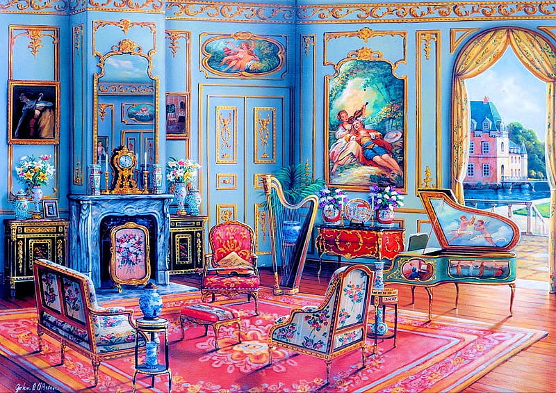 The Music Room, window, golden, harp, painting, piano, armchairs, chimney, blue, HD wallpaper