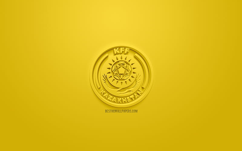 Kazakhstan national football team, creative 3D logo, yellow background, 3d emblem, Kazakhstan, Europe, UEFA, 3d art, football, stylish 3d logo, HD wallpaper