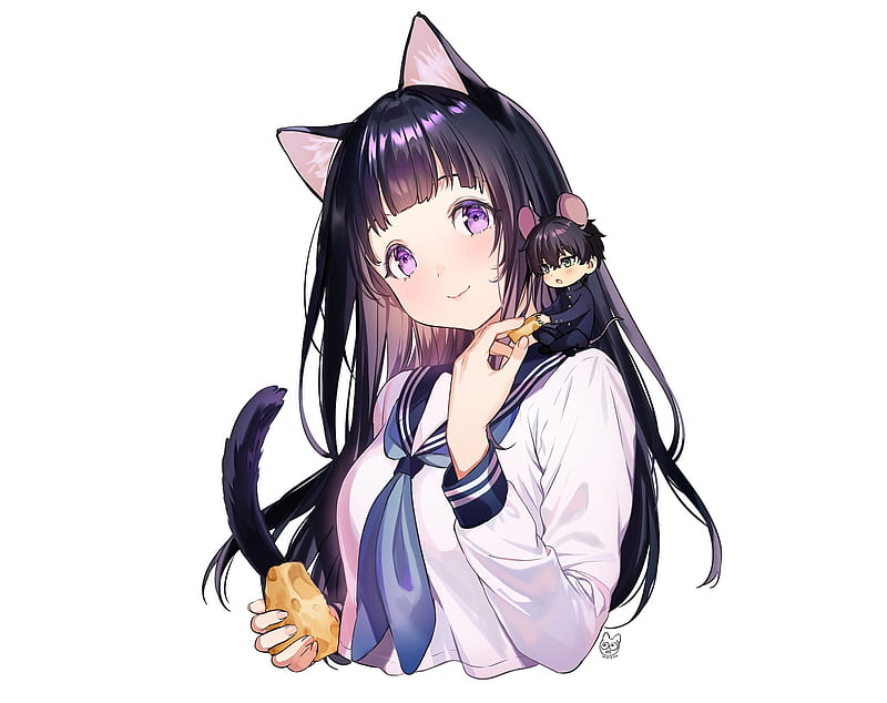 chitanda eru, hyouko, animal ears, black hair, school uniform, purple eyes, Anime, HD wallpaper