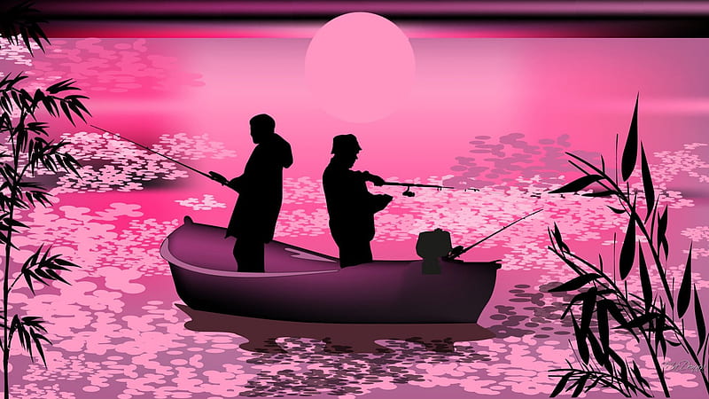 Sunset Fishing, sun, fishermen, sunset, sky, lake, bamboo, tree, leaves, boat, bright, pods, pink, fishing, HD wallpaper