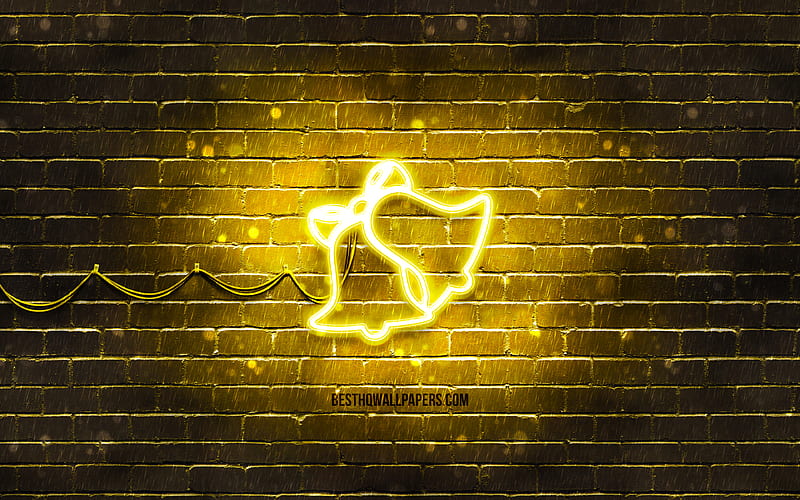 Two bells neon icon yellow background, neon symbols, Two bells, creative, neon icons, Two bells sign, holidays signs, Two bells icon, holidays icons, HD wallpaper