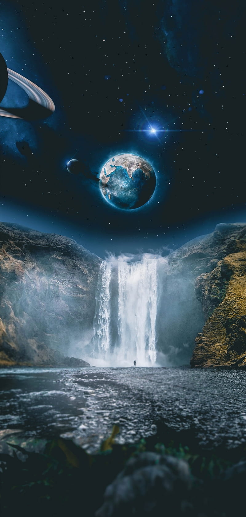 Unknown Planet, collision, earth, lake, moon, planets, space, waterfal, HD phone wallpaper