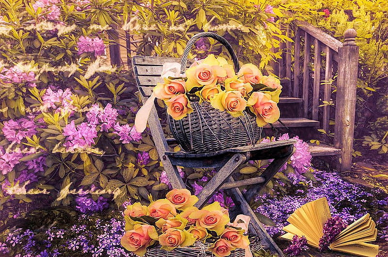 Flowers, roses, rhododendron, liilacs, book, bench, blossoms, HD wallpaper