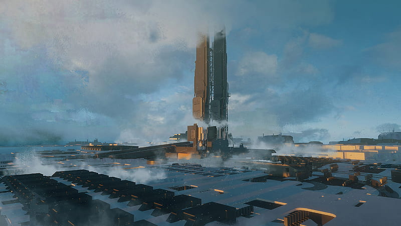 futuristic world, tower, station, smoke, clouds, Sci-fi, HD wallpaper