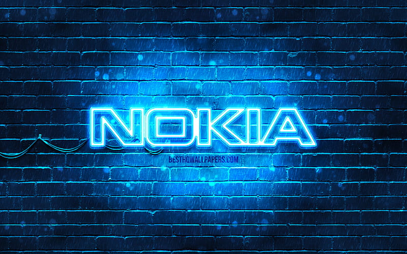 Nokia blue logo blue brickwall, Nokia logo, artwork, Nokia neon logo, Nokia, HD wallpaper