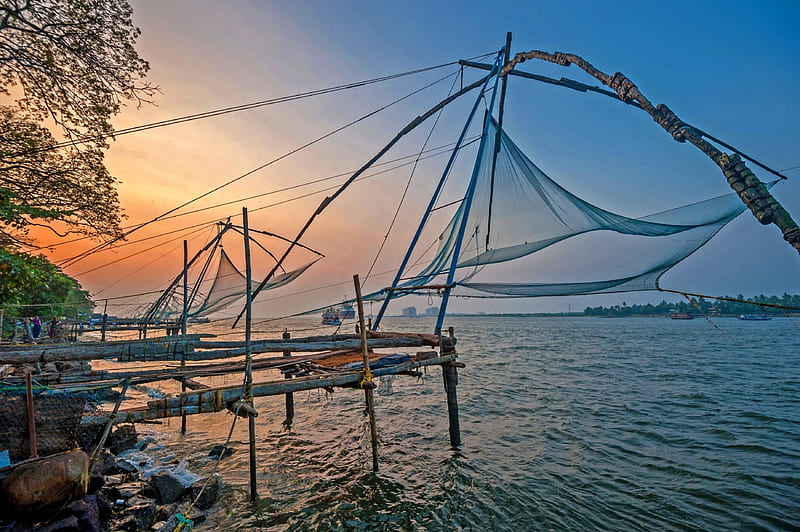 Fishing Nets, nets, India, ocean, fifhing, Kochi, sunset, sea, HD wallpaper
