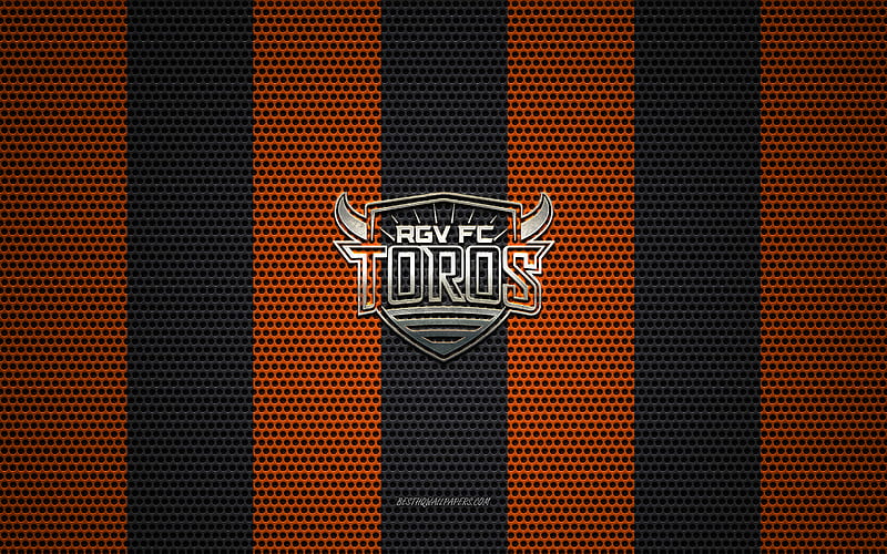 Rio Grande Valley Toros FC logo, American soccer club, metal emblem, orange-black metal mesh background, Rio Grande Valley Toros FC, USL, Edinburg, Texas, USA, soccer, HD wallpaper