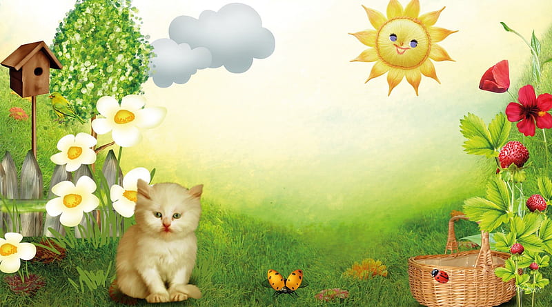 Kittens Heavenly Garden, bird house, sun, clouds, flowers, strawberries, kitty, spring, sky, trees, cat, bee, bird feeder, ladybug, basket, summer, garden, sunshine, kitten, field, HD wallpaper