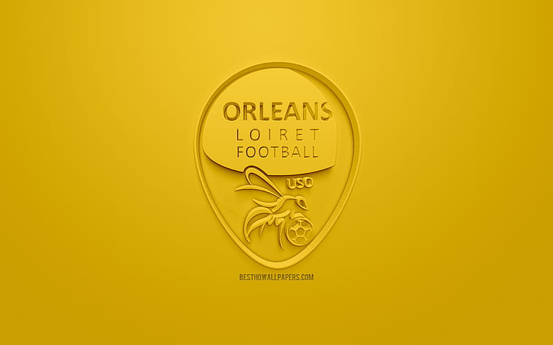 US Orleans, creative 3D logo, yellow background, 3d emblem, French football club, Ligue 2, Orleans, France, 3d art, football, stylish 3d logo, Union Sportive Orleans Loiret, Orleans FC, HD wallpaper