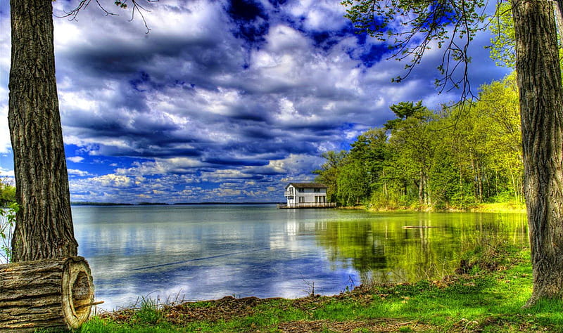 Boathouse, house, riverbank, shore, bonito, clouds, nice, calm, boat, river, reflection, lovely, sky, trees, lake, serenity, summer, nature, lakeshore, HD wallpaper