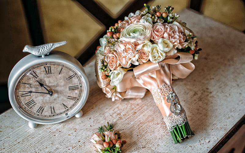 wedding bouquet, orange roses, watches and a bouquet of flowers, wedding decoration, bridal bouquet, silk texture, bouquet of roses, wedding, HD wallpaper