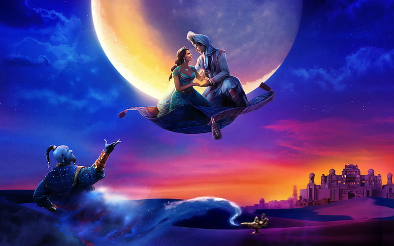 Aladdin 2019, movie, genie, poster, disney, aladdin, jasmin, afis, blue, caroet, fantasy, couple, HD wallpaper