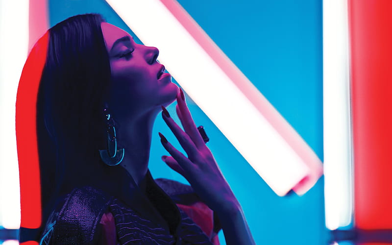 Kendall Jenner, neon light, profile, portrait, hoot, American model, HD wallpaper