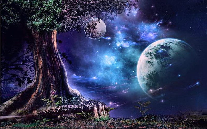Space wonders, stars, planets, space, abstract, sky, clouds, night time, tree, fantasy, blue, HD wallpaper