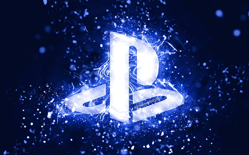 PlayStation dark blue logo dark blue neon lights, creative, dark blue abstract background, PlayStation logo, PlayStation, HD wallpaper