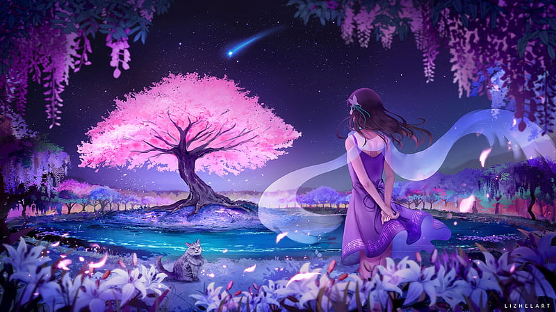 A fairytale night, sakura, luminos, manga, lizhe liang, spring, cat,  fantasy, HD wallpaper | Peakpx