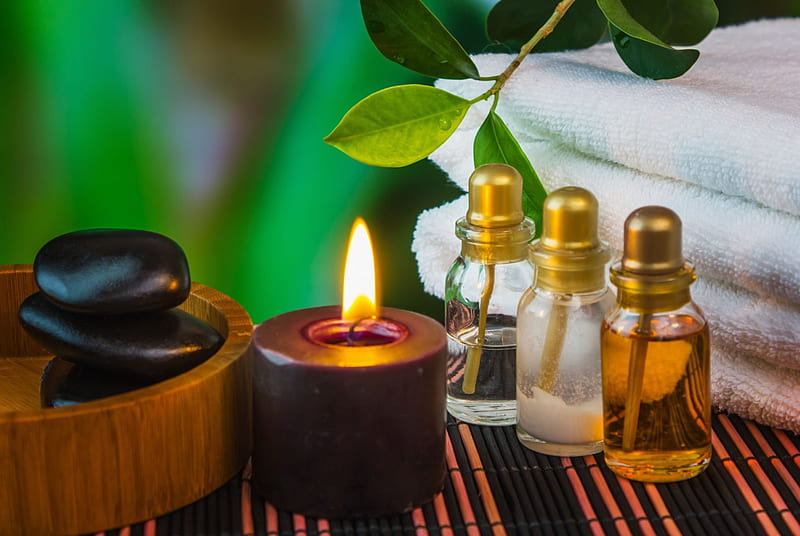 A bit of Aromatherapy..., candle, stones, flame, black, towels, fresh plants, aroma, oils, HD wallpaper