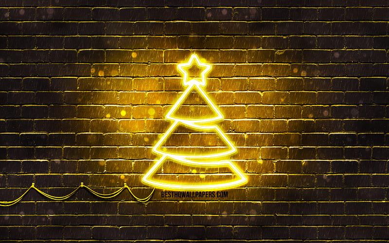 Yellow neon Christmas Tree yellow brickwall, Happy New Years Concept, Yellow Christmas Tree, Xmas Trees, Christmas Trees, HD wallpaper