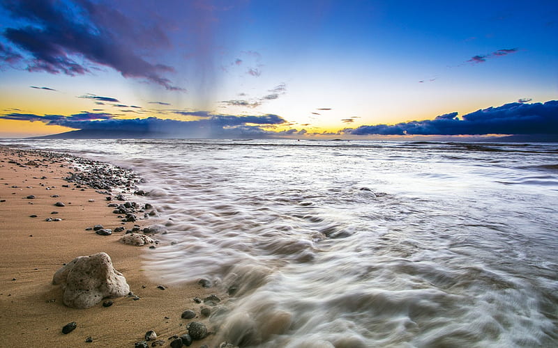 Beach Closeup, rocks, ocean, sky, clouds, beach, tide, stones, sand, water, nature, white, blue, HD wallpaper