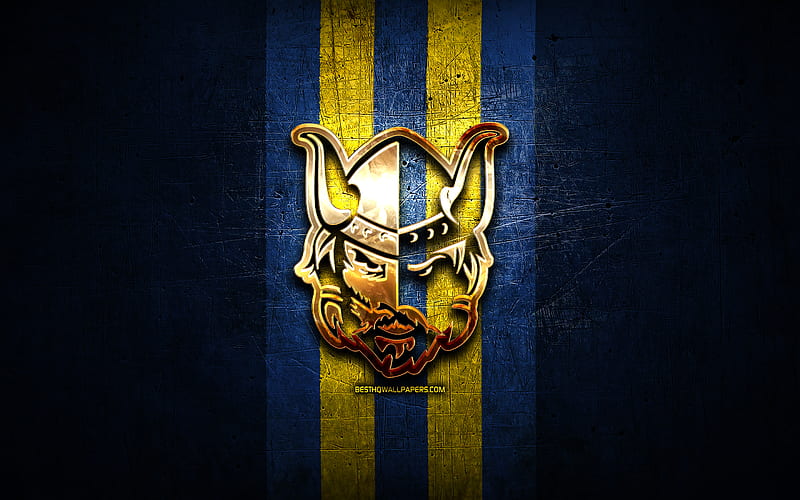 Mikkelin Jukurit, golden logo, Liiga, blue metal background, finnish hockey team, finnish hockey league, Mikkelin Jukurit logo, hockey, HD wallpaper