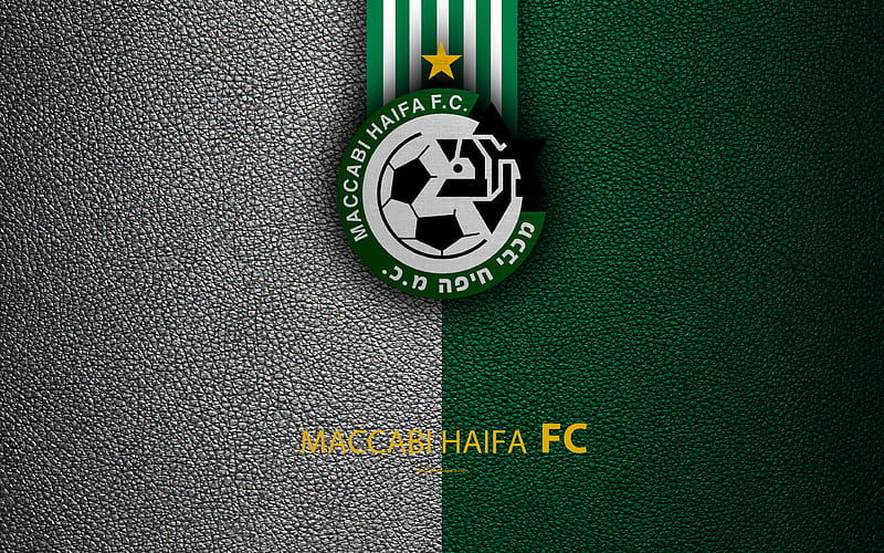 Maccabi Haifa FC football, logo, Maccabi emblem, leather texture, Israeli football club, Ligat HaAl, Haifa, Israel, Israeli Premier League, HD wallpaper