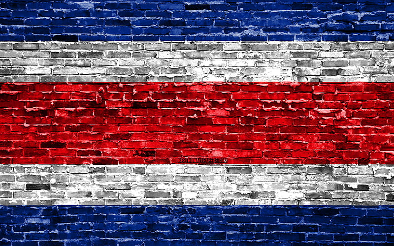 Costa Rican flag, bricks texture, North America, national symbols, Flag of Costa Rica, brickwall, Costa Rica 3D flag, North American countries, Costa Rica, HD wallpaper