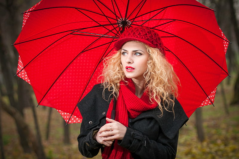 Her Favorite Color is RED, umbrella, blonde, model, hat, HD wallpaper