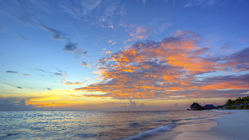 Sunset Paradise, beautiful sunset, scenic beach, beautiful beach, lap of luxury, sunset beach, HD wallpaper