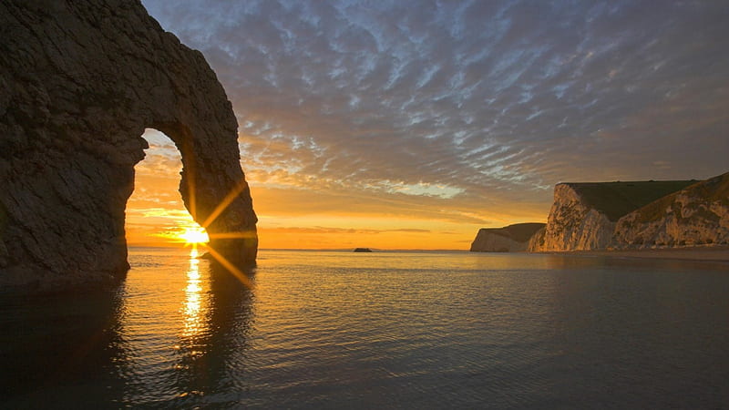 durdle door rock formation in england at sunset, rocks, portal, sunset, coast, sea, HD wallpaper